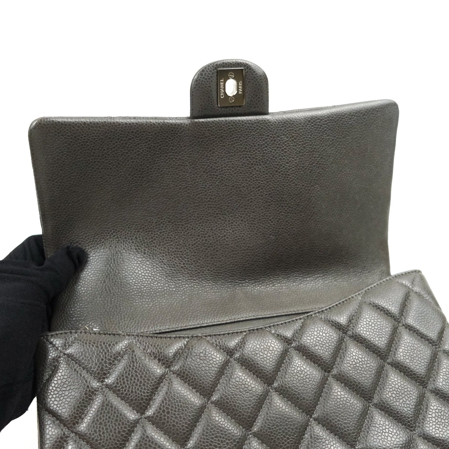 Chanel Quilted Clutch with Chain Dark Grey Caviar Leather Silver Hardware