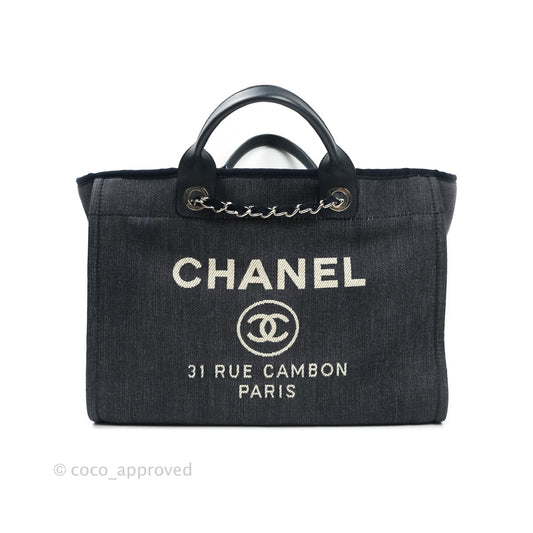 Chanel Large Denim Deauville Tote Bag Navy Silver Tone