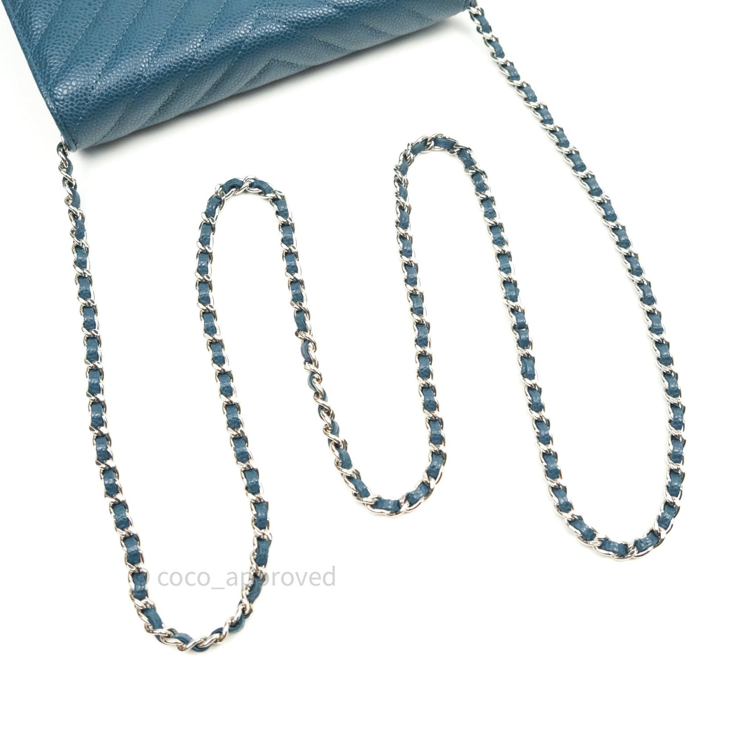 Chanel Chevron Wallet on Chain WOC Blue Caviar Silver Hardware