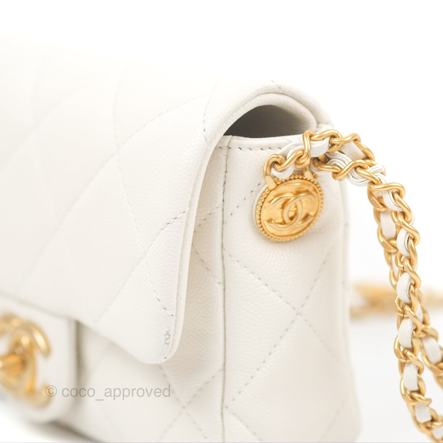Chanel Mini Flap with Coin Charm White Caviar Aged Gold Hardware 22A