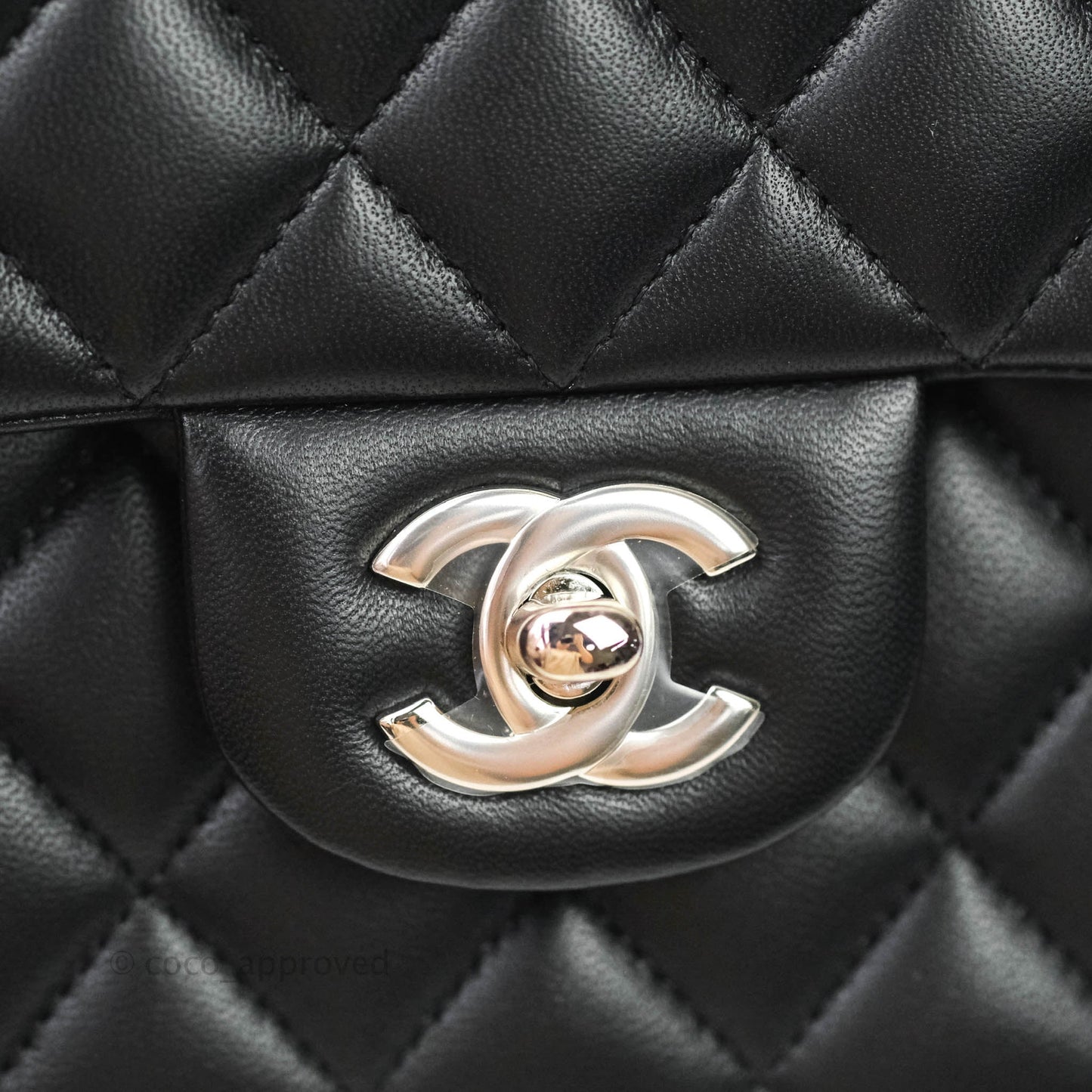 Chanel Classic M/L Medium Double Flap Bag Black Lambskin Silver Hardware