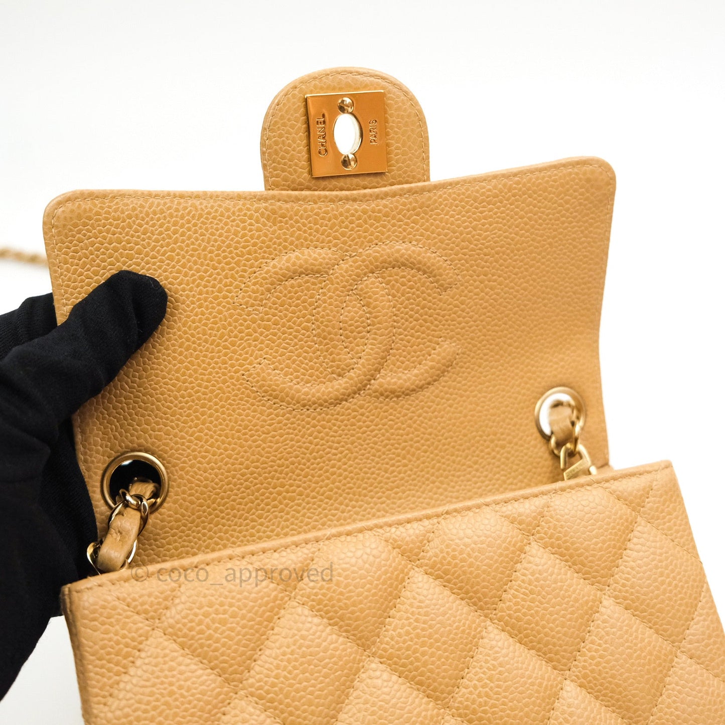 Chanel Quilted Vintage Mini Square Flap Beige Caviar 24K Gold Hardware