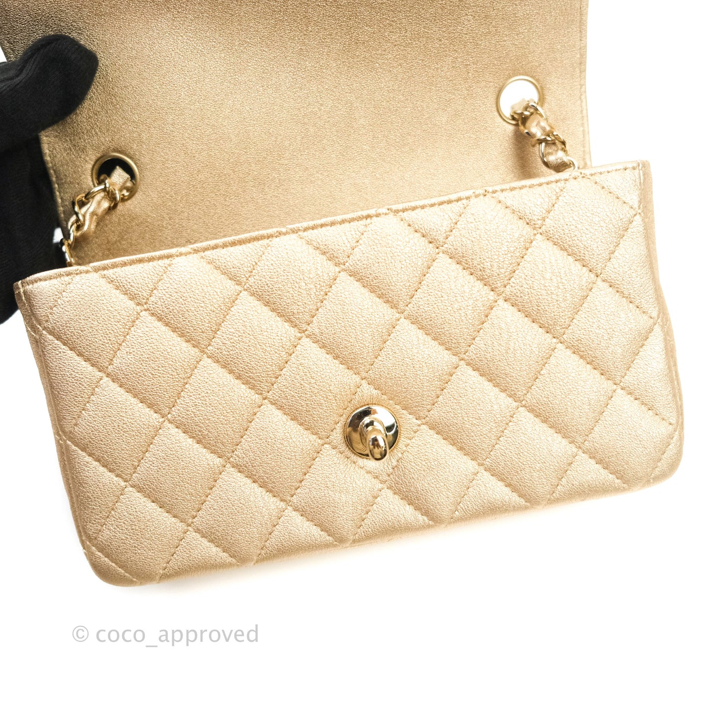 Chanel Quilted Mini Rectangular Metallic Champagne Gold Lambskin Gold Hardware