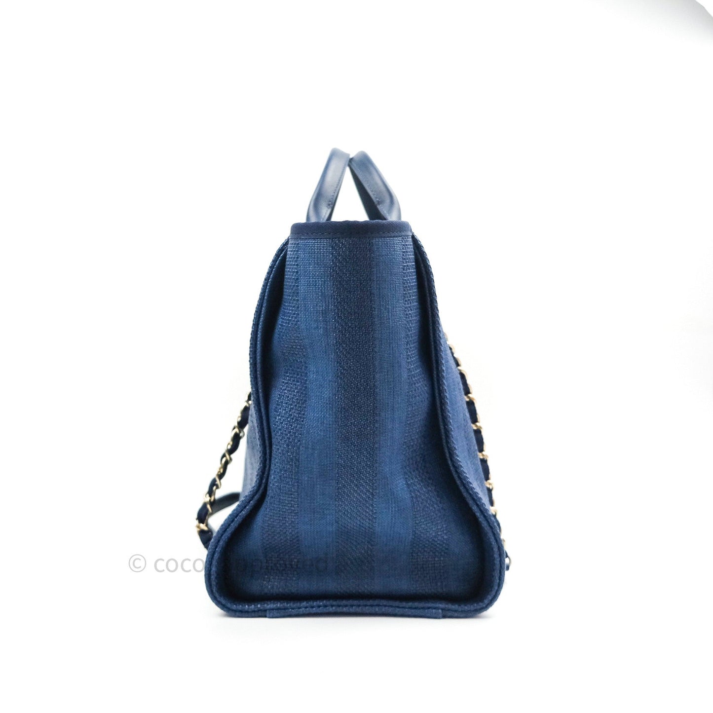 Chanel Canvas Large Deauville Tote Navy Blue Stripe 20S