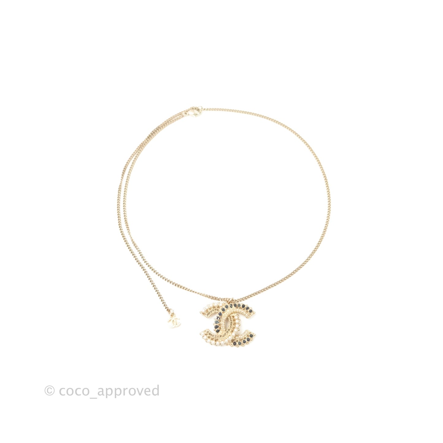 Chanel CC Pearl Pendant Necklace Gold Tone 18K