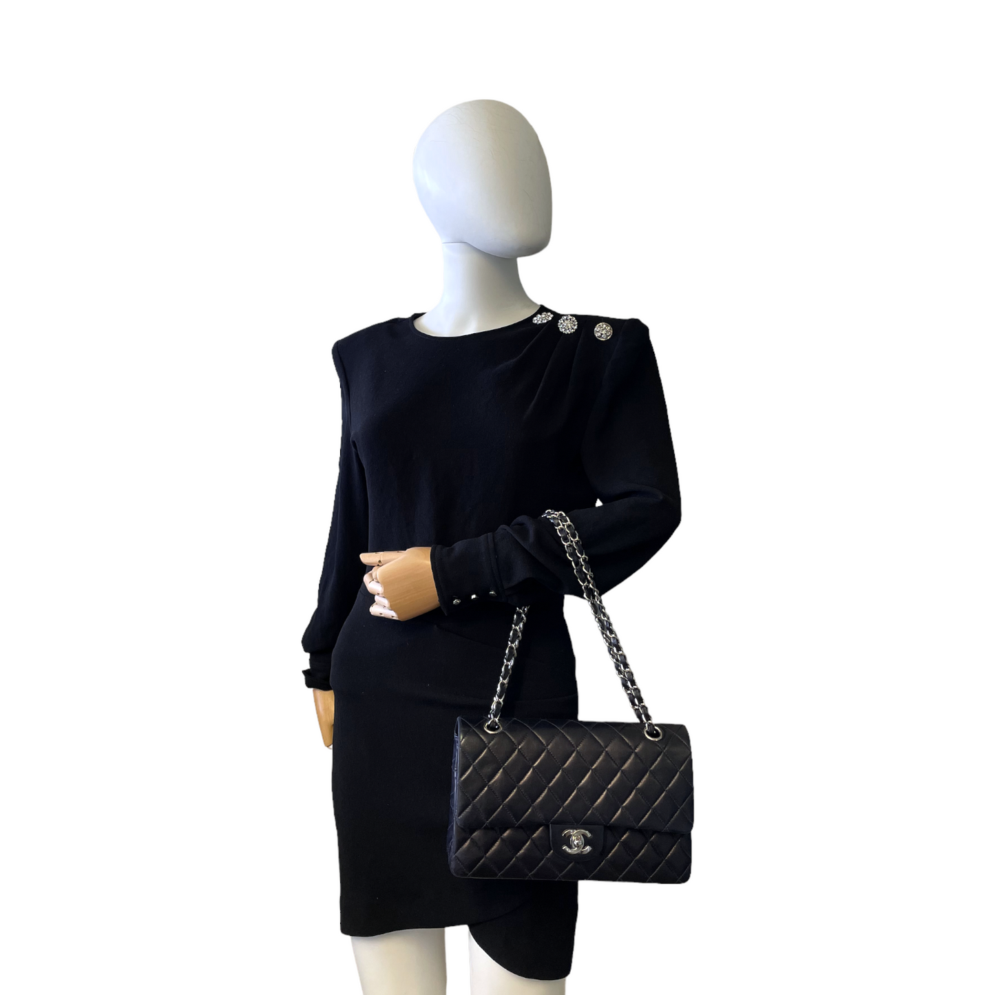 Luxury Chanel Classic Double Flap Medium Navy Blue Lambskin Silver