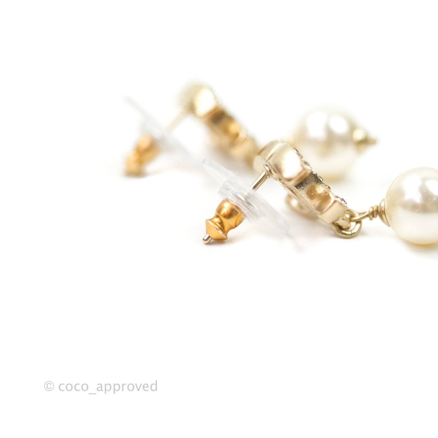 Chanel CC Rhinestone Pearl Drop Earrings Gold Tone 2021