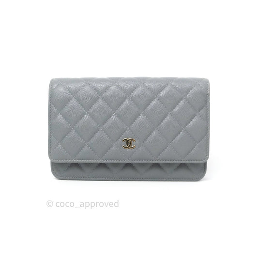 Chanel Caviar Quilted Wallet on Chain WOC Grey Light Gold Hardware 20C