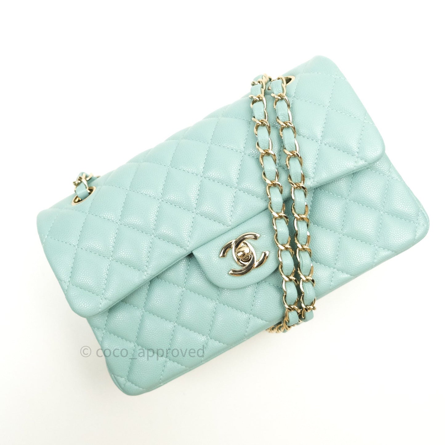 Chanel Classic Small S/M Flap Tiffany Blue Caviar Light Gold Hardware
