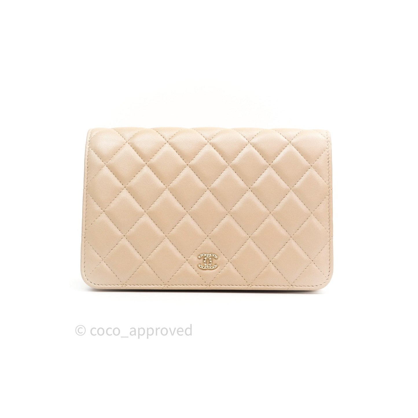 Chanel Quilted Beige Iridescent Lambskin Pearl Wallet On Chain WOC