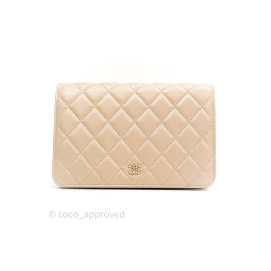 Chanel Quilted Beige Iridescent Lambskin Pearl Wallet On Chain WOC