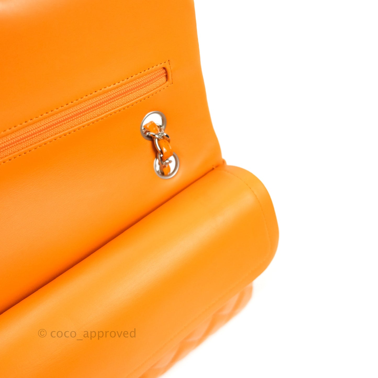 Chanel Classic M/L Medium Double Flap Orange Patent Silver Hardware