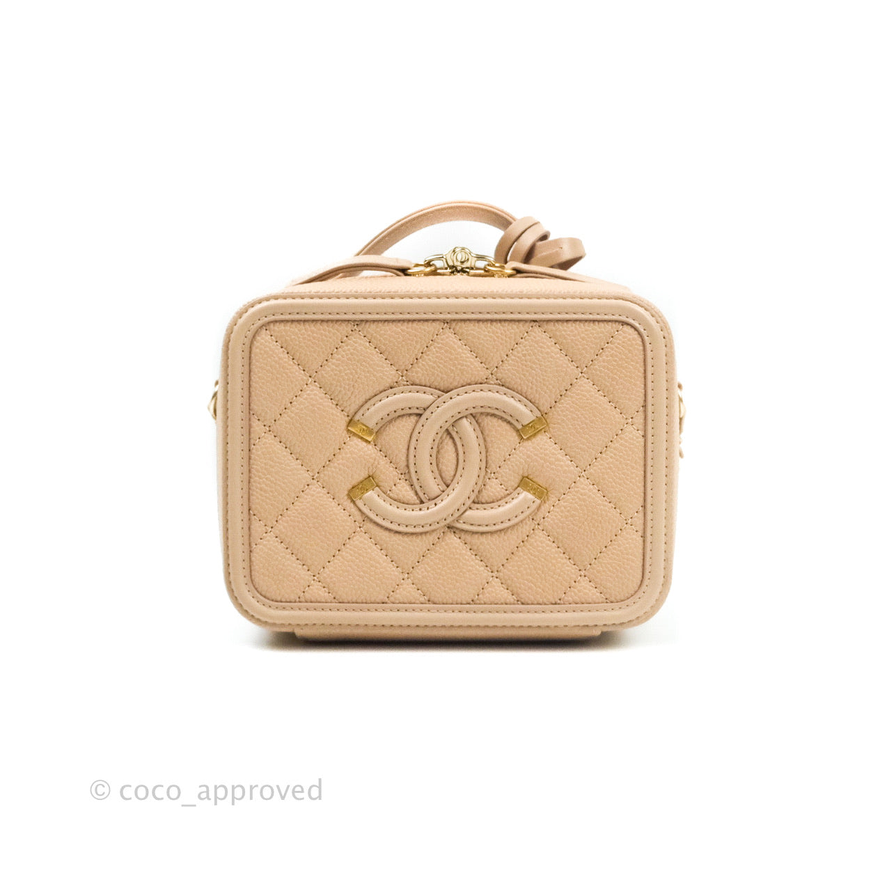 Chanel Quilted Small CC Filigree Vanity Case Beige Beige Caviar