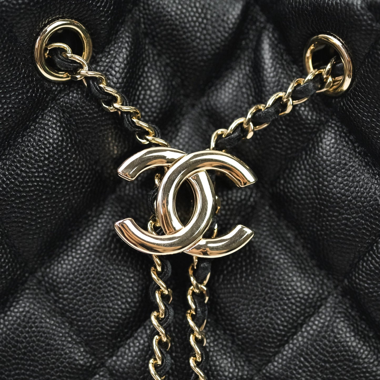 Chanel Caviar Quilted Rolled Up Bucket Drawstring Bag Black Gold Hardware
