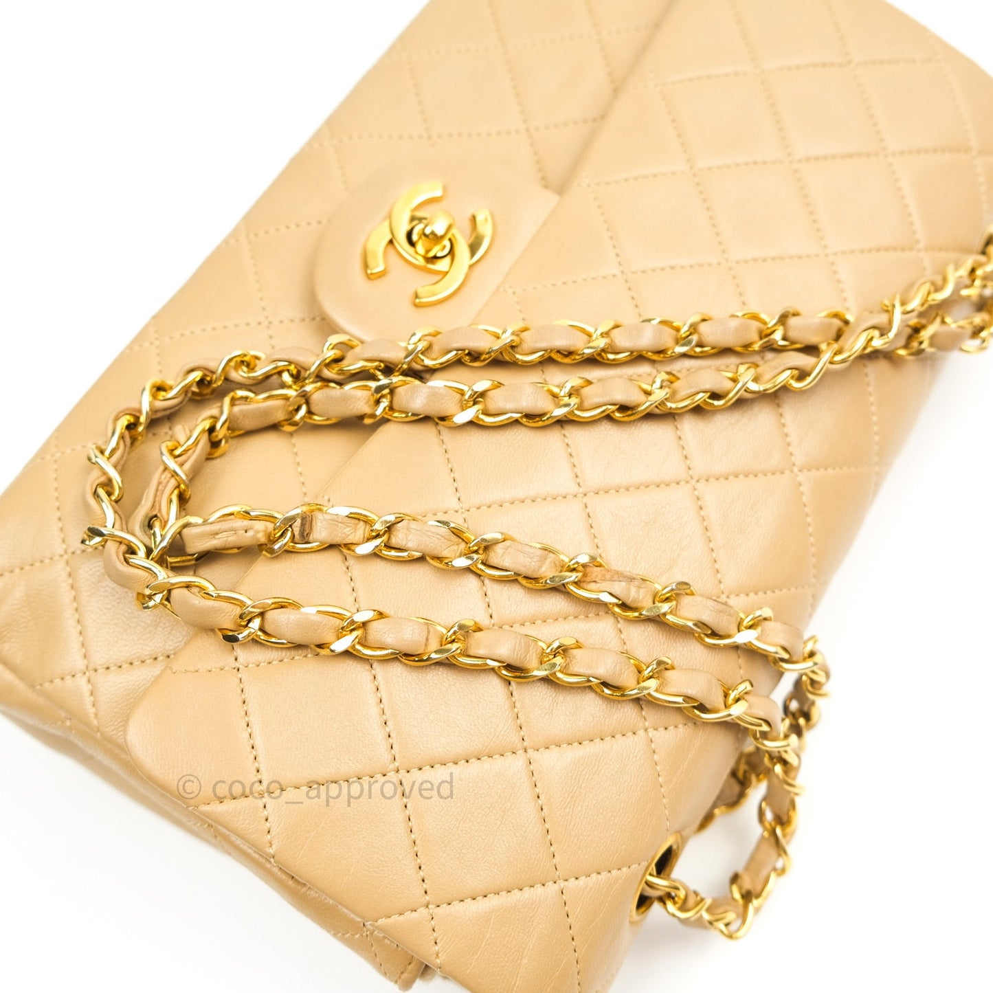 Chanel Vintage Classic Double Flap M/L Beige Lambskin 24K Gold Hardware