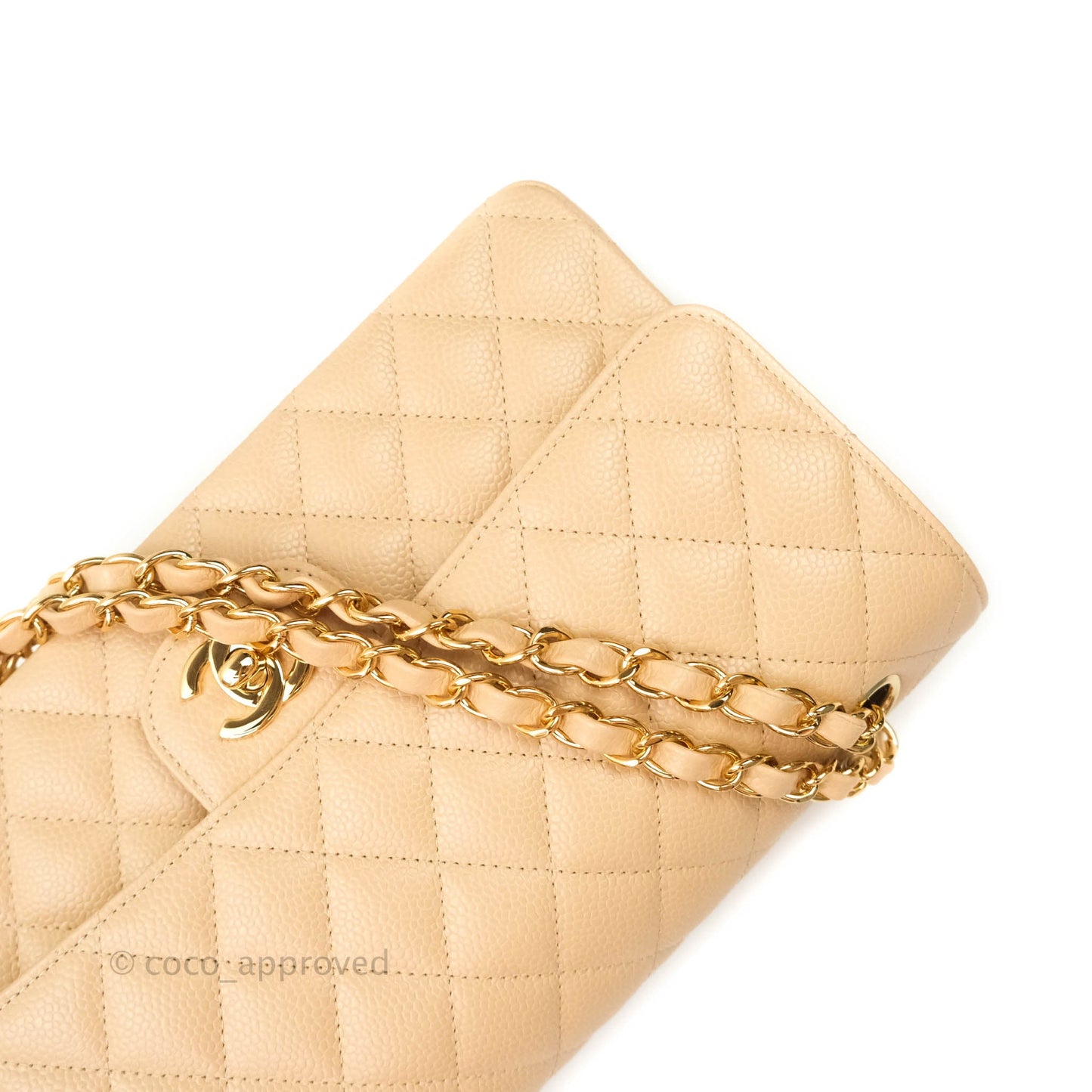 Chanel Classic M/L Medium Double Flap Bag Beige Caviar Gold Hardware