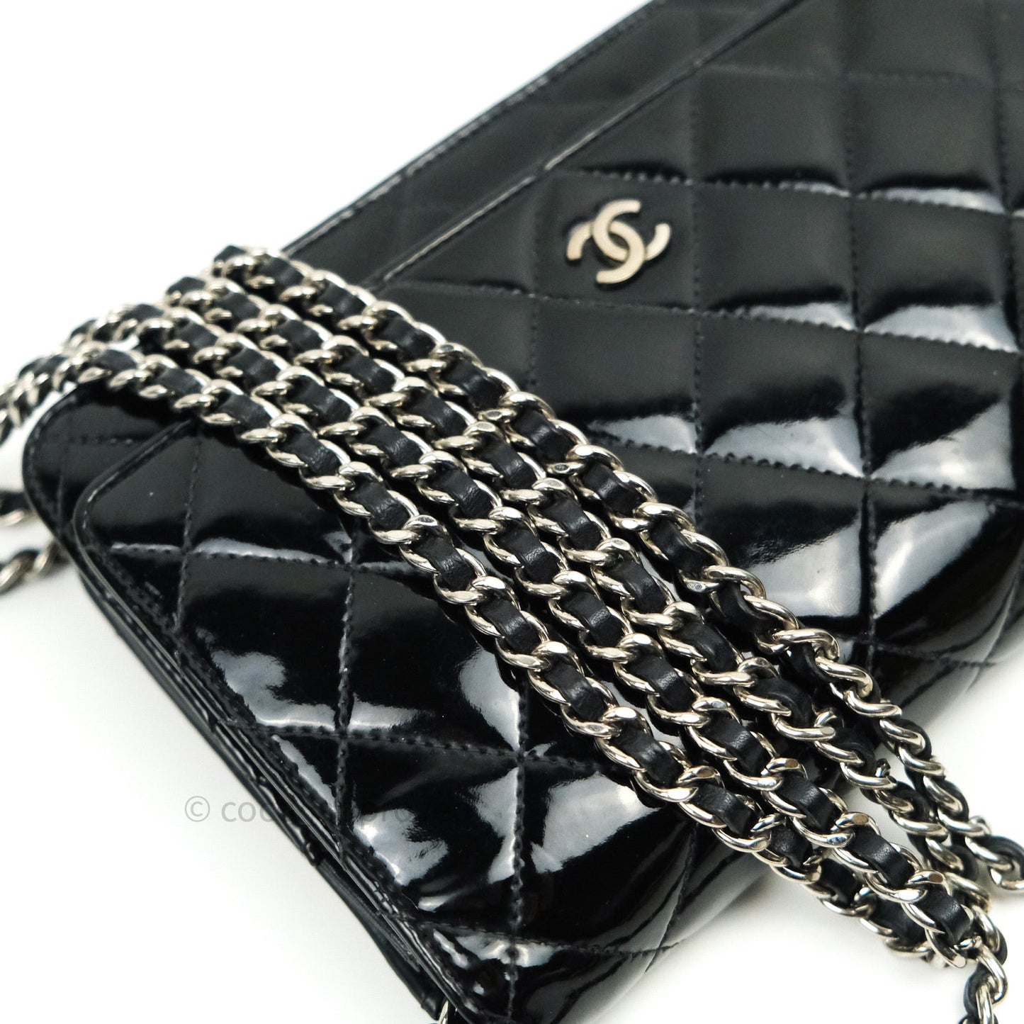 Chanel Quilted Wallet on Chain WOC Black Patent Leather Silver Hardware