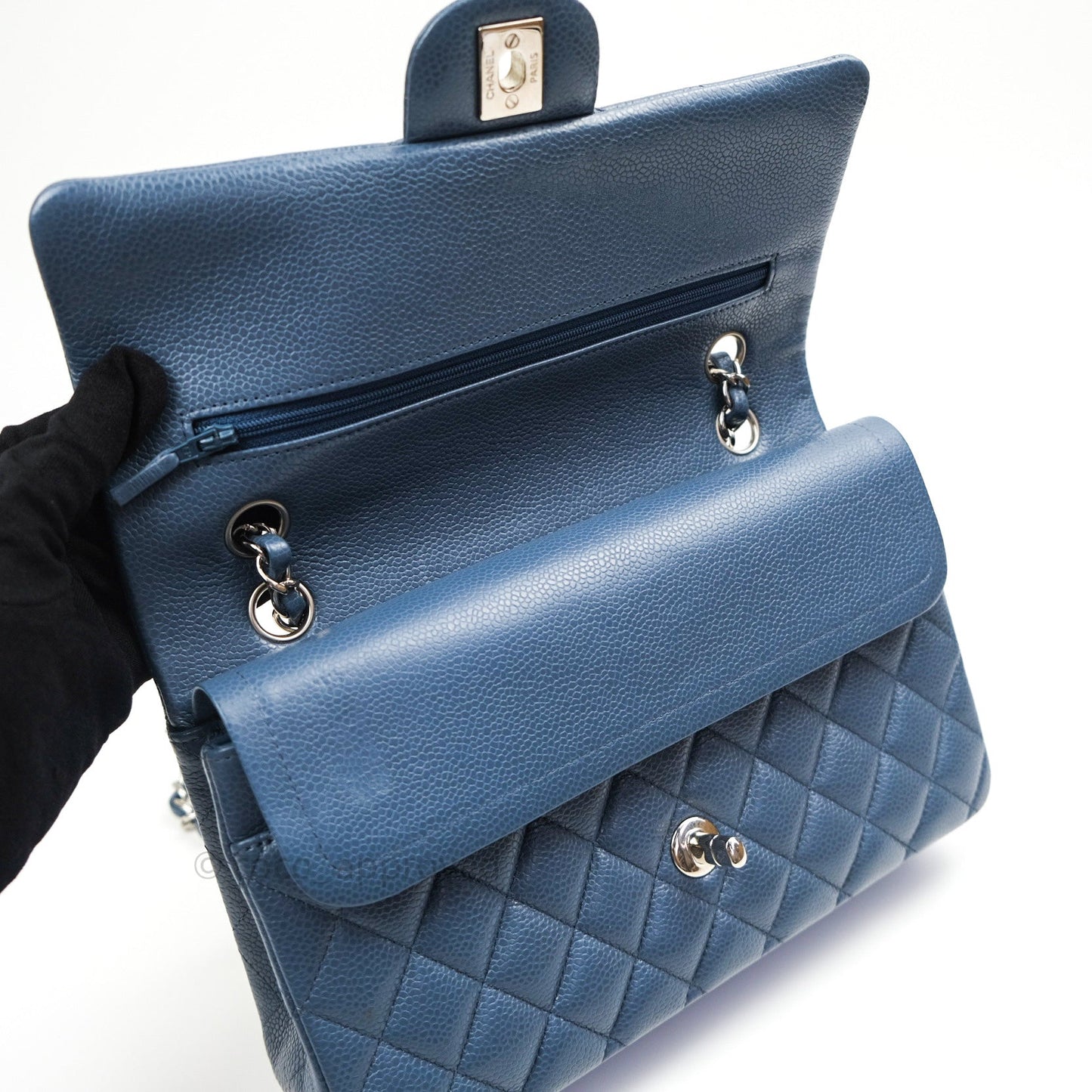 Chanel Classic Double Flap Quilted M/L Blue Caviar Silver Hardware