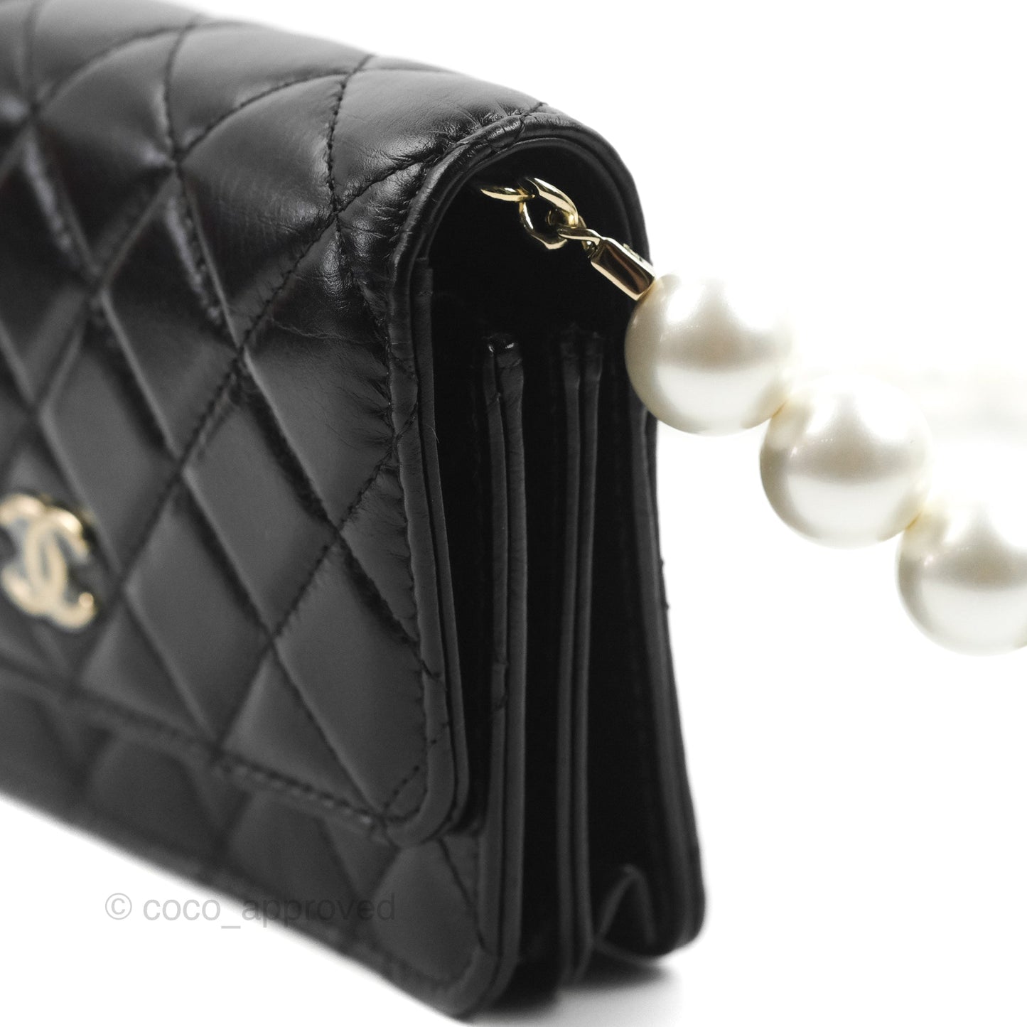 Chanel Quilted Large Pearl Mini Wallet On Chain WOC Black Calfskin