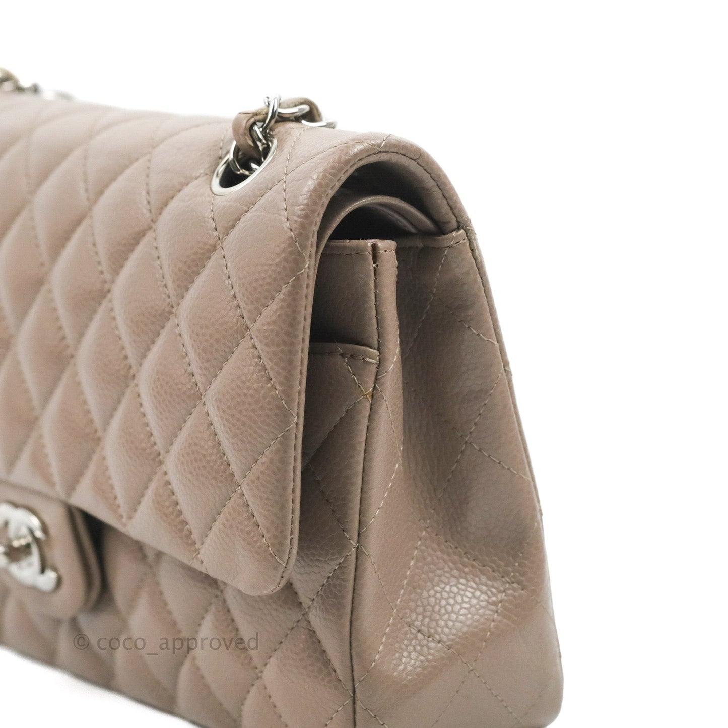 Chanel Classic M/L Medium Flap Quilted Taupe Grey Caviar Silver Hardware