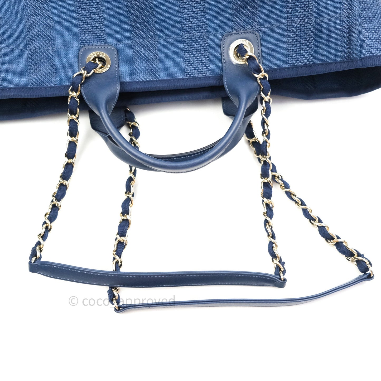 Chanel Canvas Large Deauville Tote Navy Blue Stripe 20S