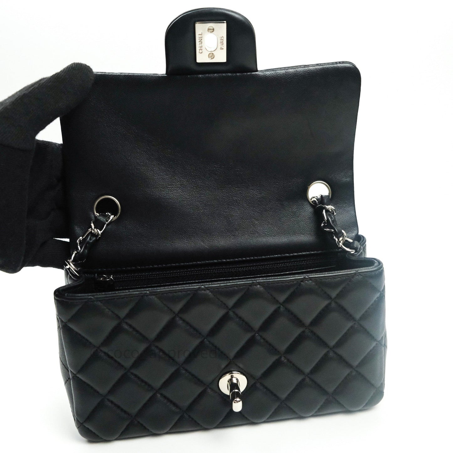 Chanel Quilted Mini Rectangular Black Lambskin Silver Hardware
