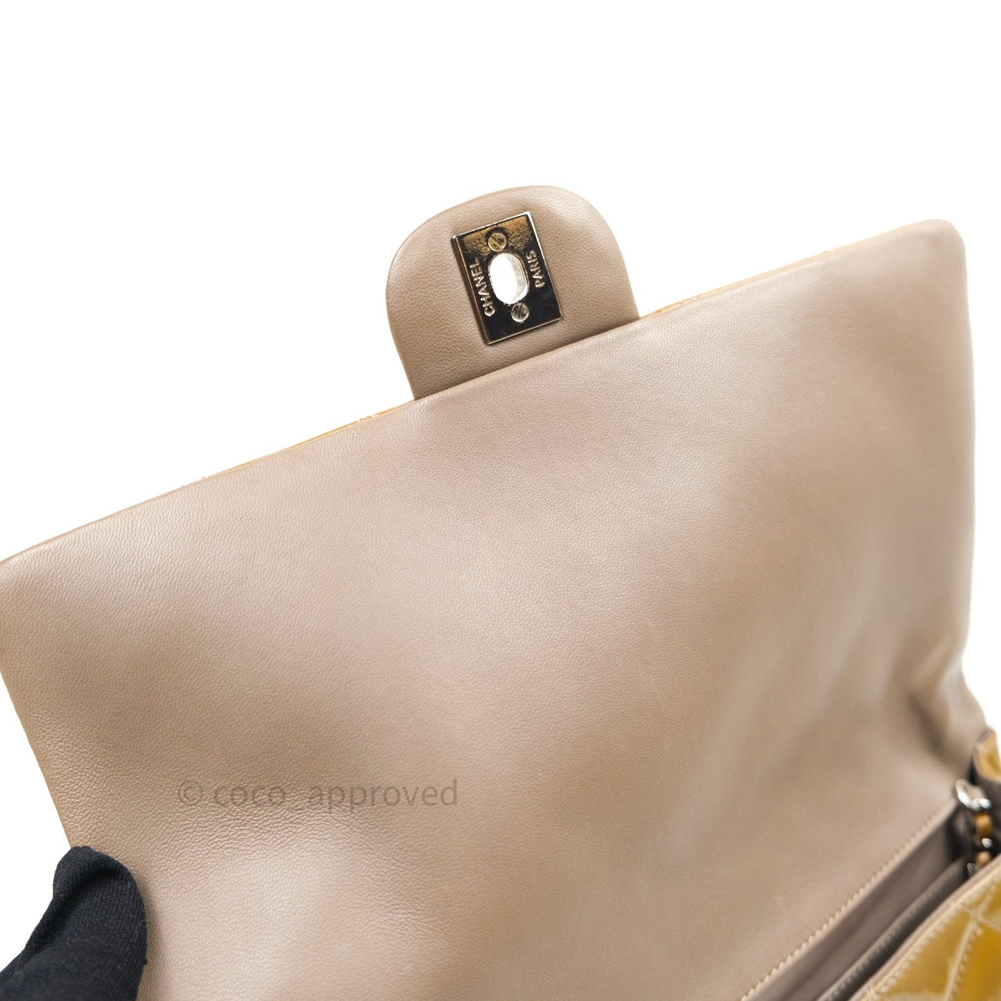 Chanel Quilted Clutch with Chain Khaki Patent Leather Silver Hardware