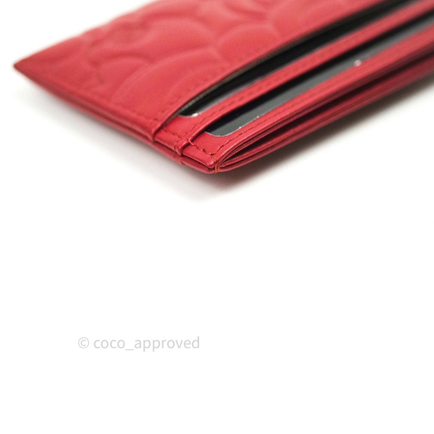 Chanel Quilted Classic Red Camellia Goatskin Silver Hardware Flat Card Holder