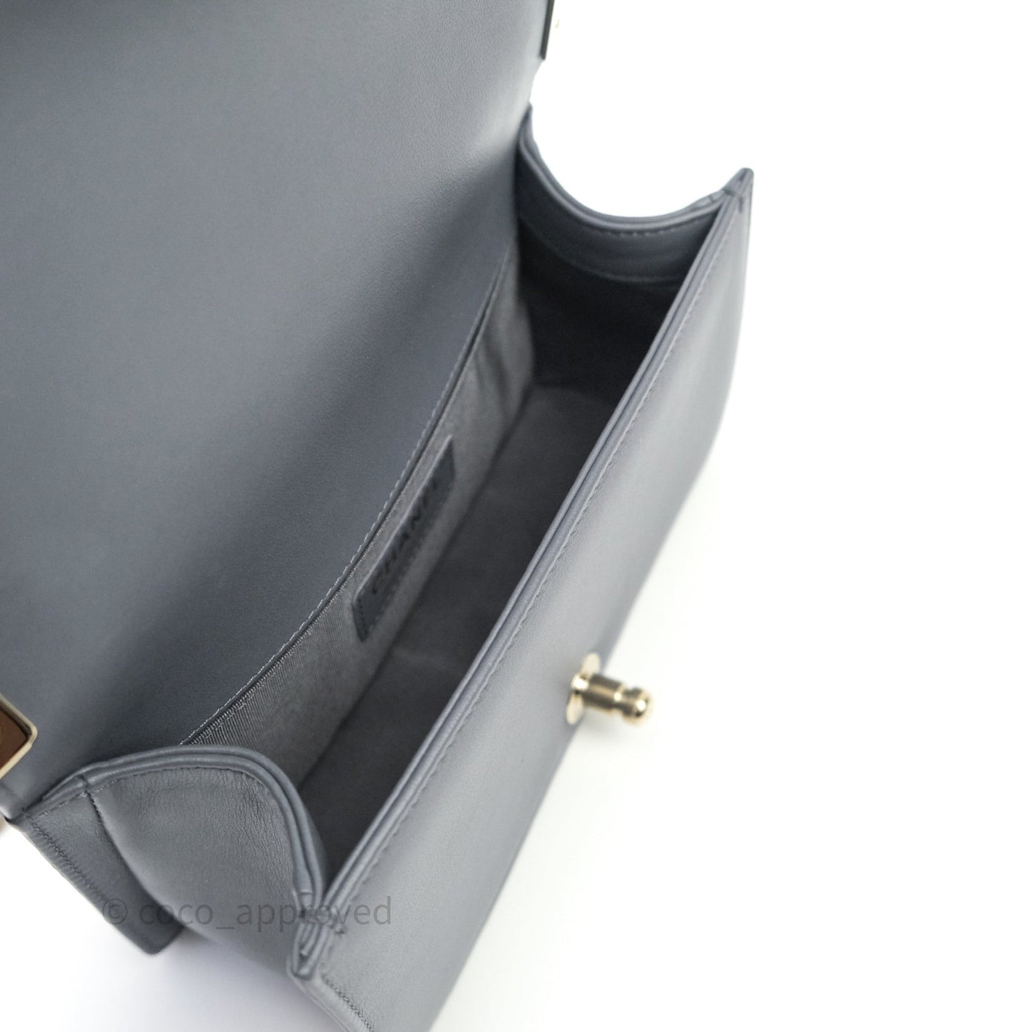 Chanel Small Boy Chevron Grey Calfskin Gold Hardware