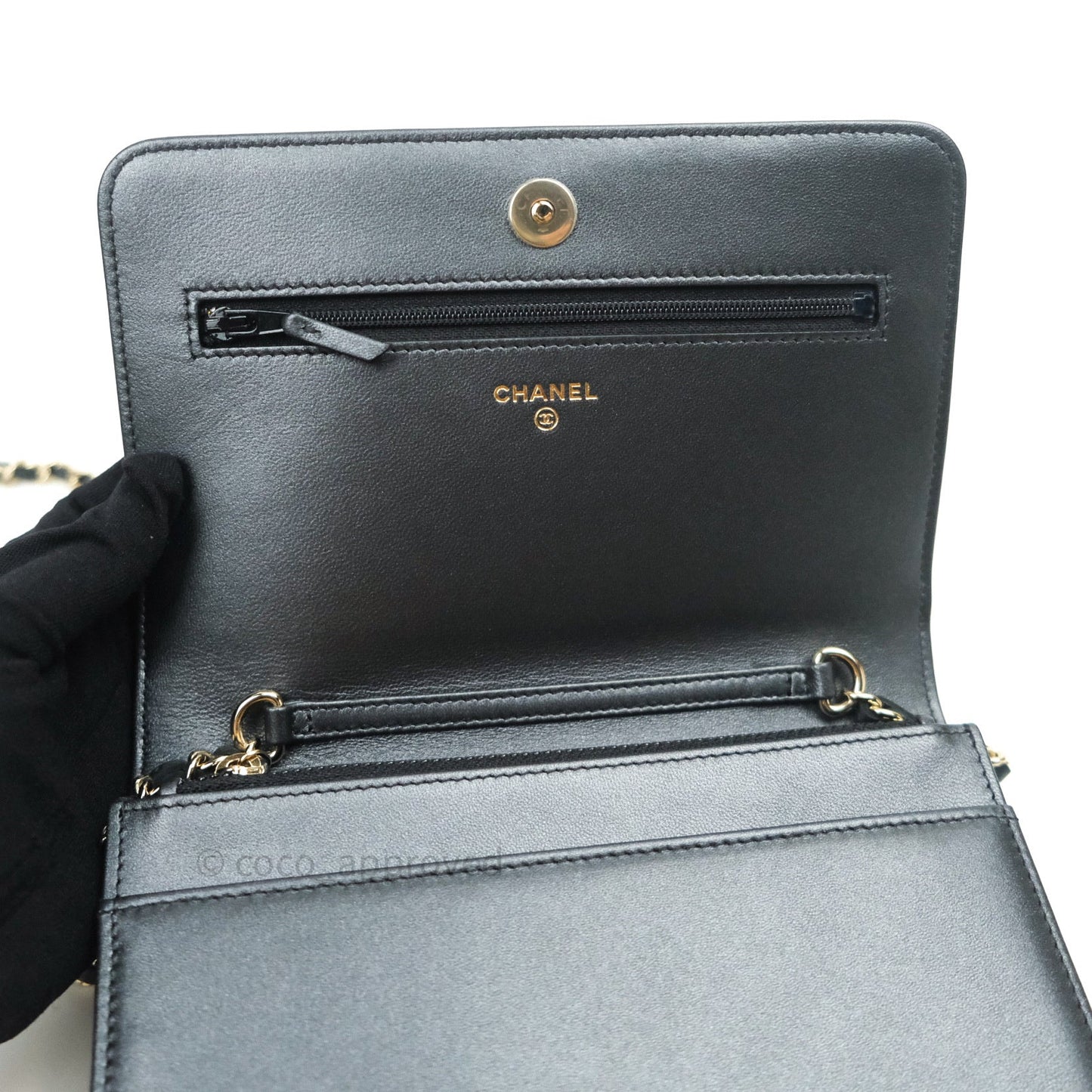 Chanel Quilted Black Iridescent Lambskin Pearl Wallet On Chain WOC