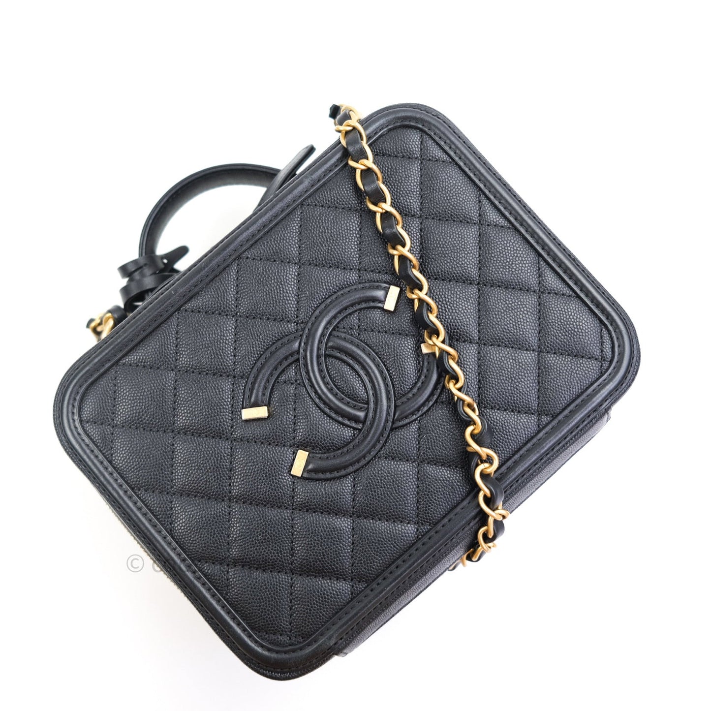 Chanel Quilted Medium CC Filigree Vanity Case Black Caviar Gold Hardware