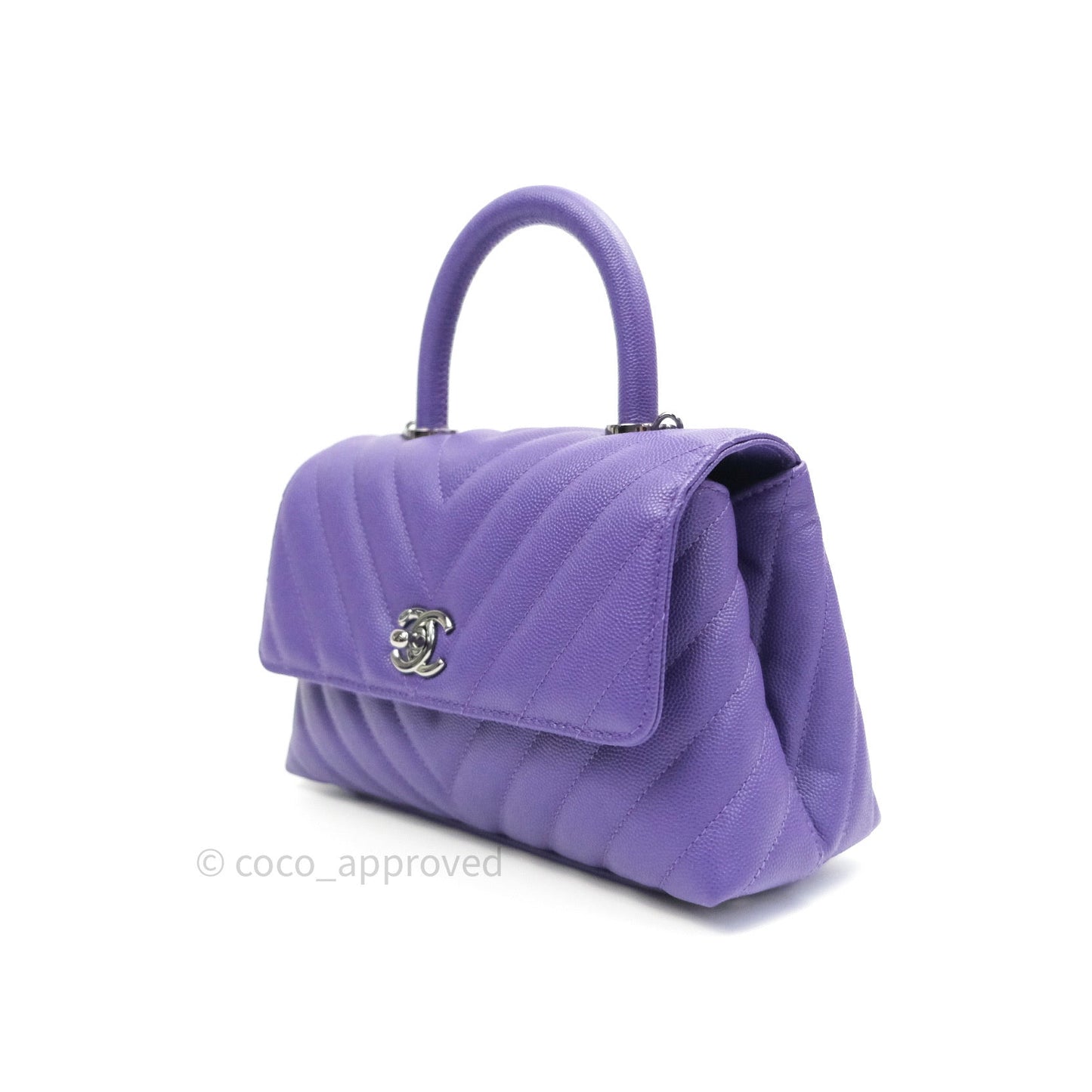 Chanel Mini Coco Handle Chevron Purple Caviar Quilted Dark Silver Hardware