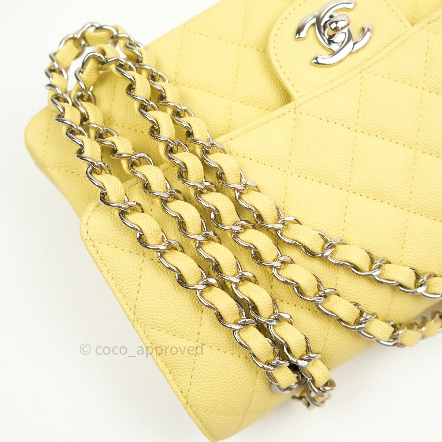 Chanel Classic M/L Medium Double Flap Bag Light Yellow Caviar Silver Hardware