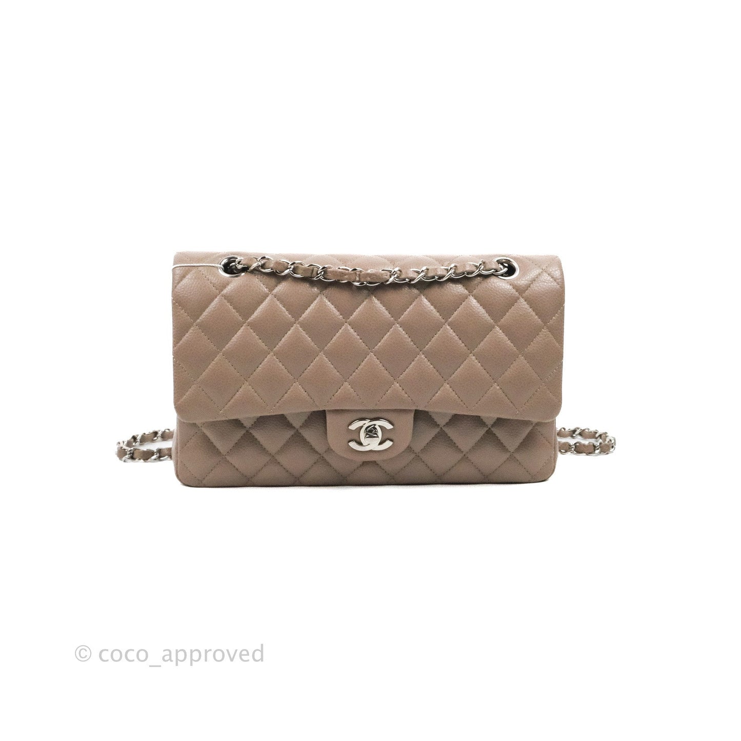 Chanel Classic M/L Medium Flap Quilted Taupe Grey Caviar Silver Hardware