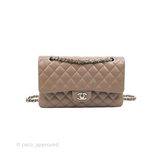 Chanel Classic M/L Medium Flap Quilted Taupe Grey Caviar Silver Hardware