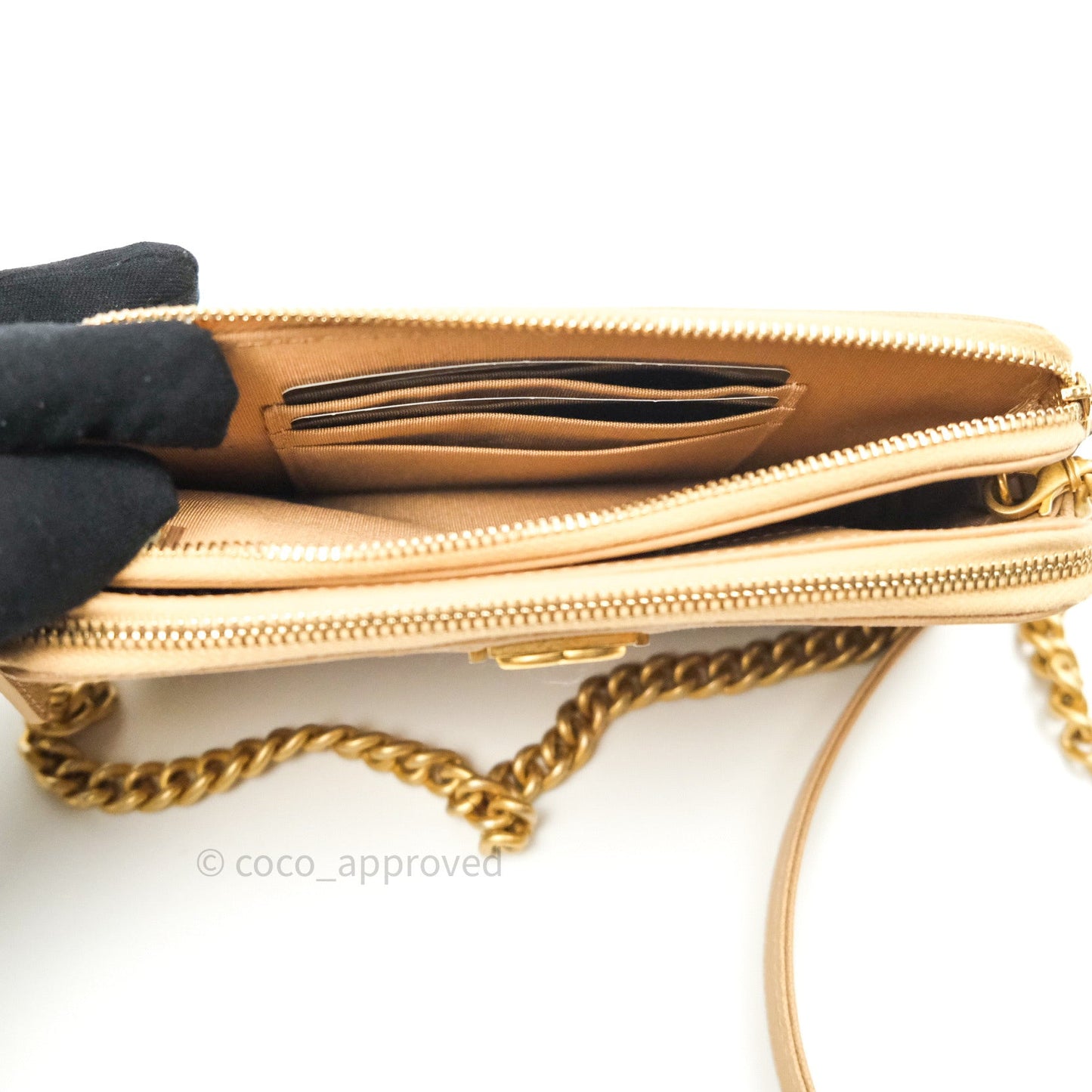 Chanel Boy Beige Quilted Caviar Clutch on Chain Gold Hardware