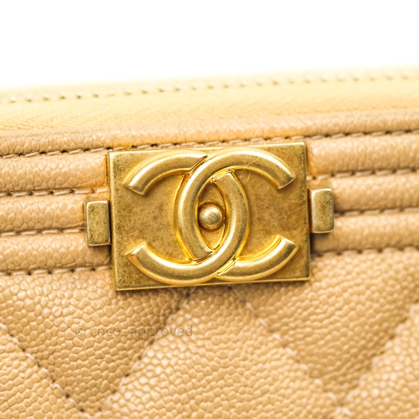 Chanel Boy Beige Quilted Caviar Clutch on Chain Gold Hardware