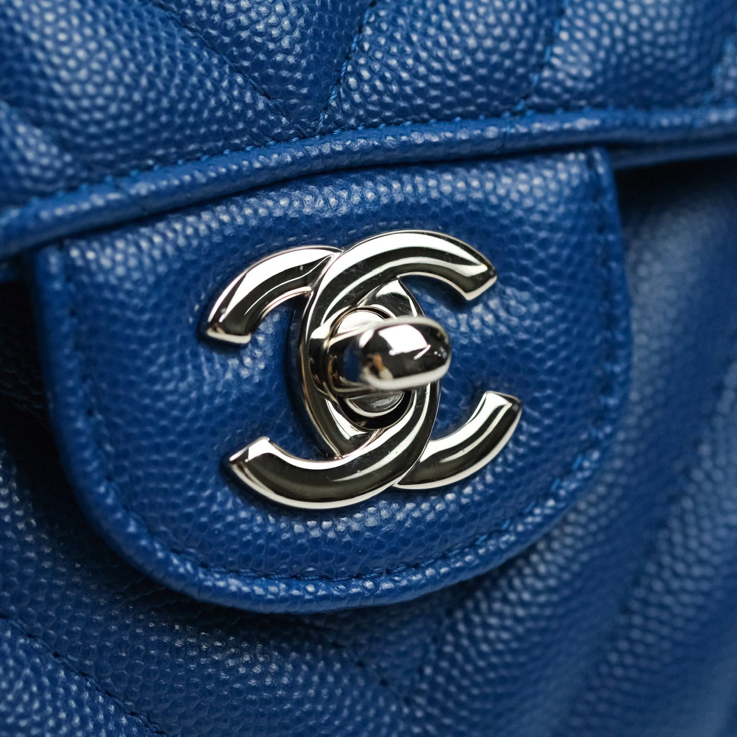 Chanel Classic Chevron M/L Medium Double Flap Blue Caviar Silver Hardware