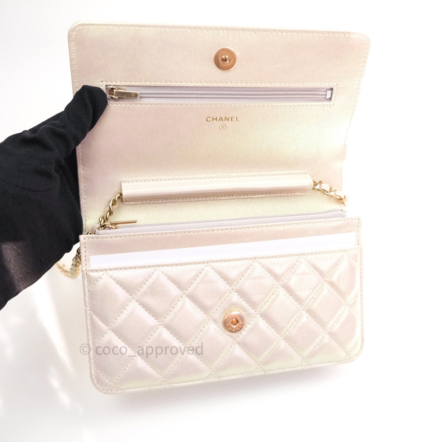 Chanel Quilted Wallet on Chain WOC Iridescent Ivory Gold Hardware 20A