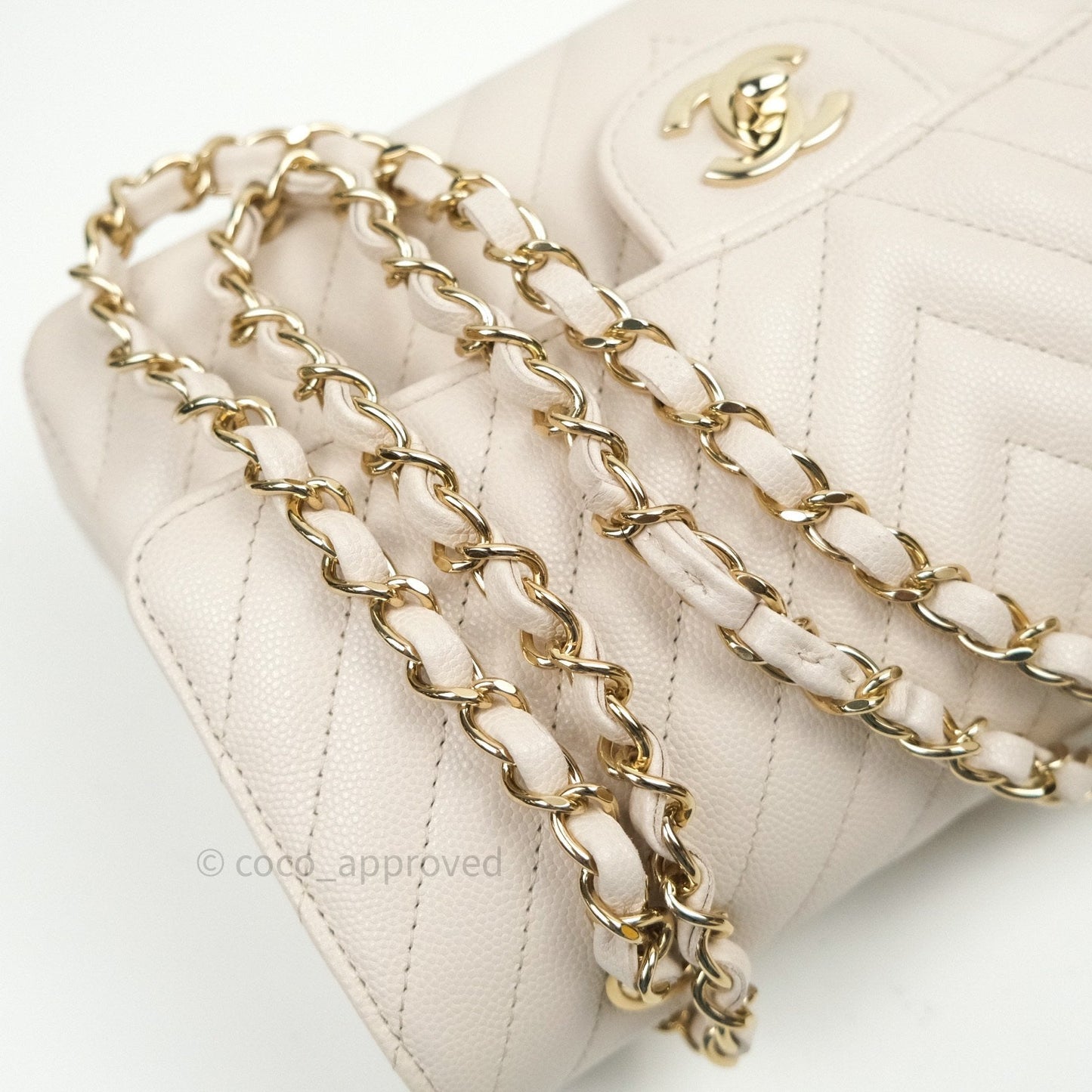 Chanel Classic M/L Medium Double Flap Chevron Ivory Caviar Gold Hardware