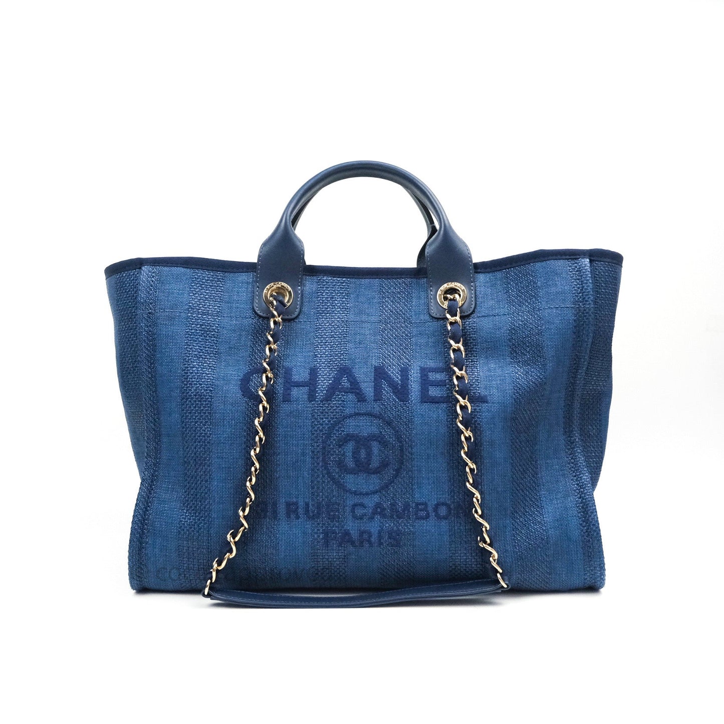 Chanel Canvas Large Deauville Tote Navy Blue Stripe 20S