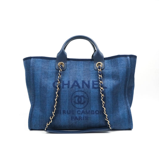 Chanel Canvas Large Deauville Tote Navy Blue Stripe 20S