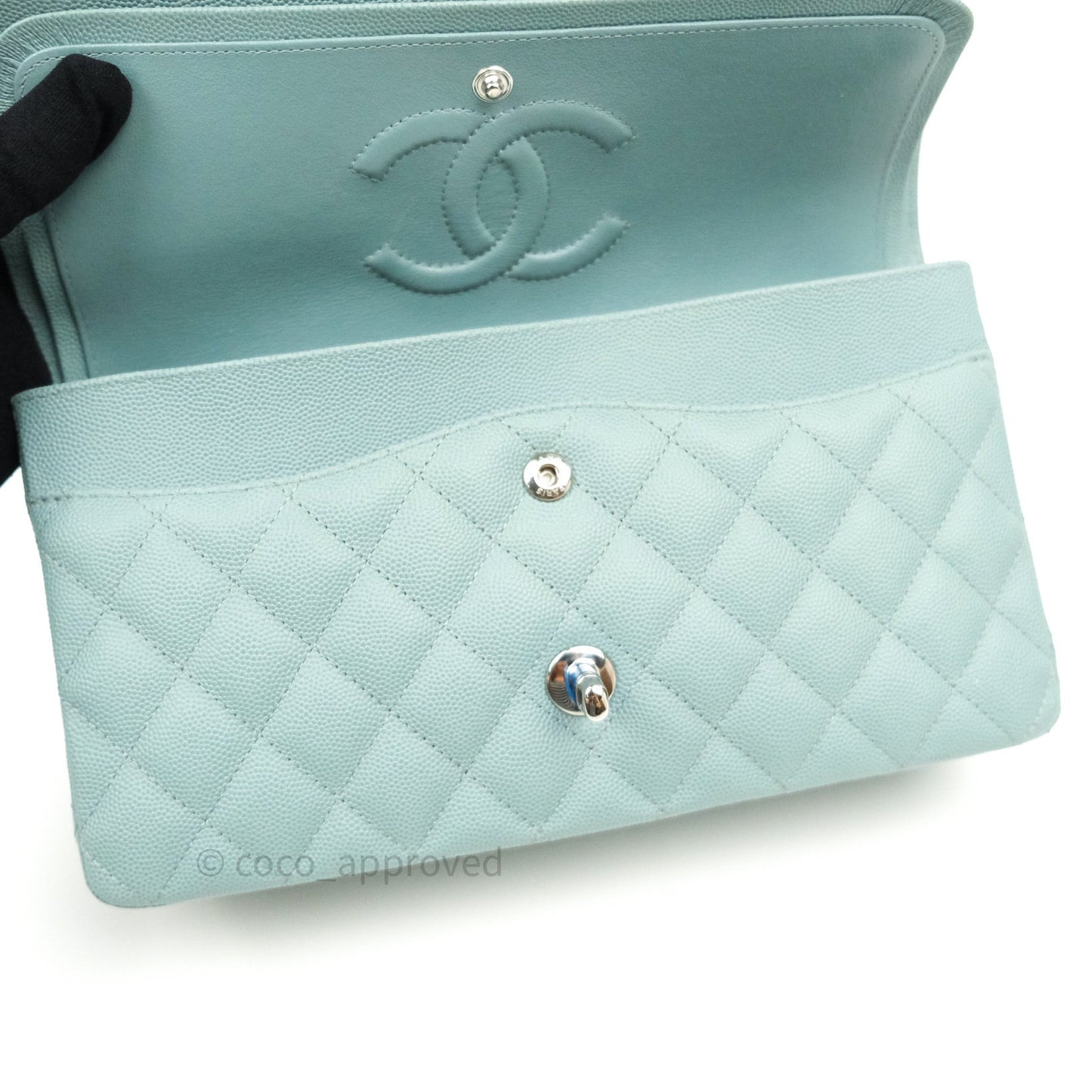 Chanel Classic M/L Medium Double Flap Bag Light Blue Caviar Silver Hardware 18C