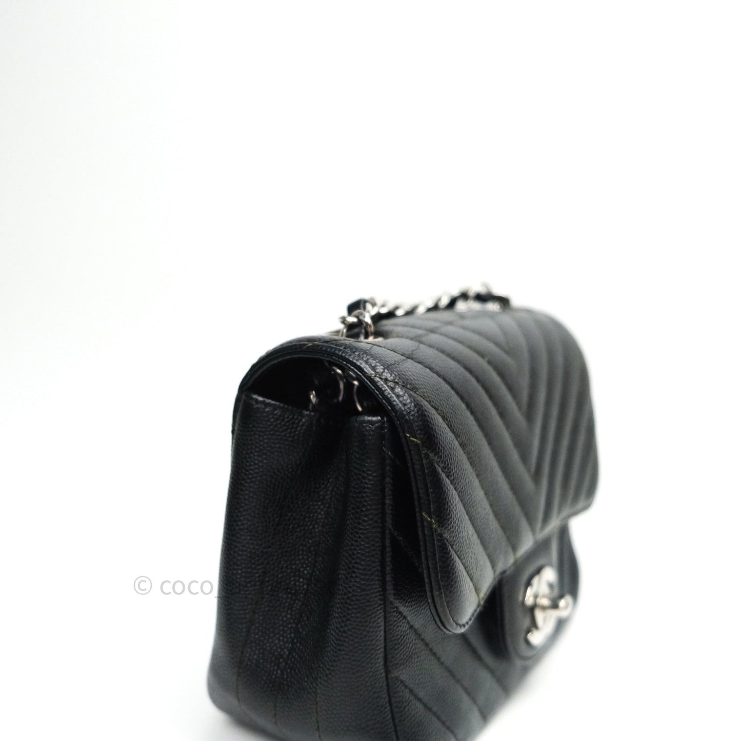 Chanel Mini Square Chevron Black Caviar Silver Hardware
