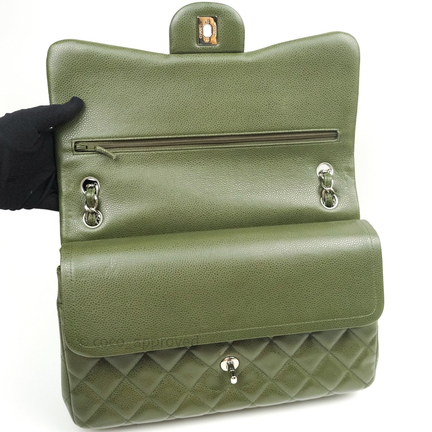 Chanel Classic Jumbo Double Flap Quilted Green Caviar Silver Hardware⁣⁣