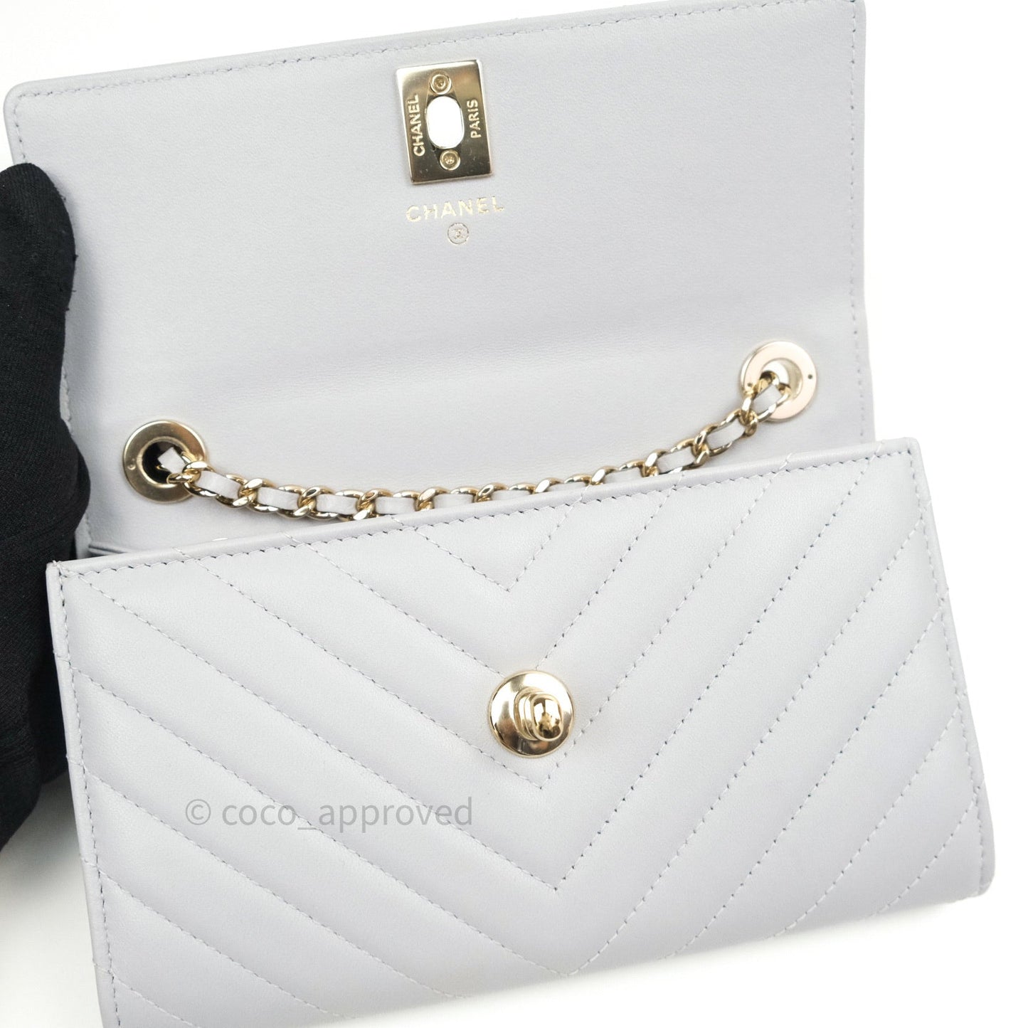 Chanel Mini Trendy CC Wallet On Chain WOC Lambskin Chevron Grey Gold Hardware