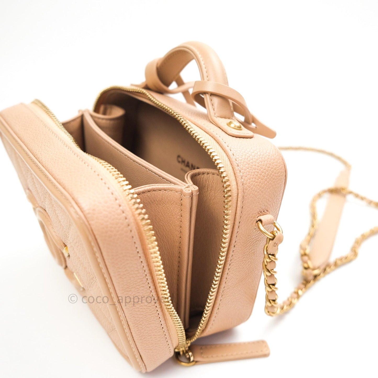 Chanel Quilted Small CC Filigree Vanity Case Beige Beige Caviar
