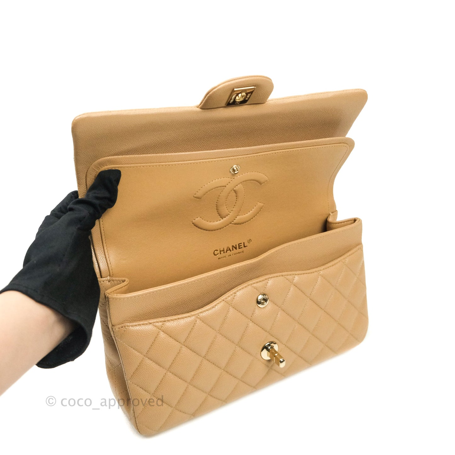 Chanel Classic M/L Medium Double Flap Dark Beige Caviar Gold Hardware 19B