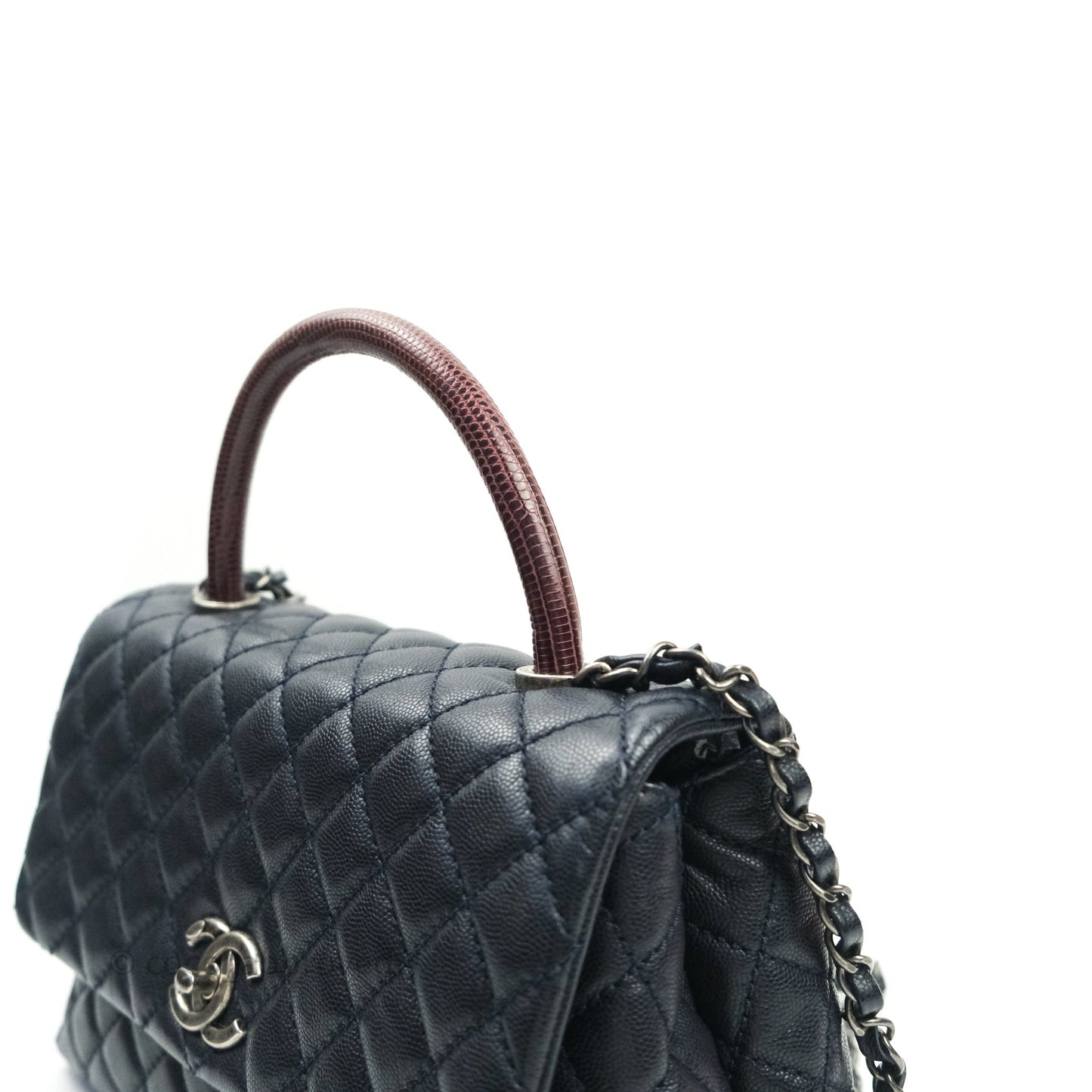 Chanel Small Coco Handle Quilted Navy Caviar Lizard Handle Ruthenium Hardware