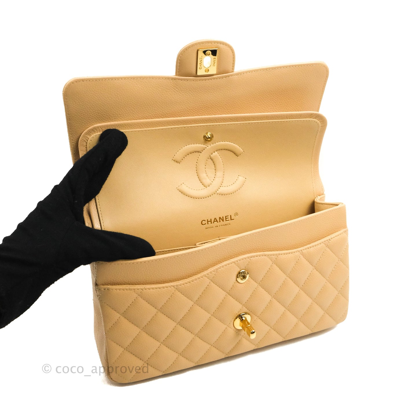 Chanel Classic M/L Medium Flap Quilted Beige Caviar Gold Hardware